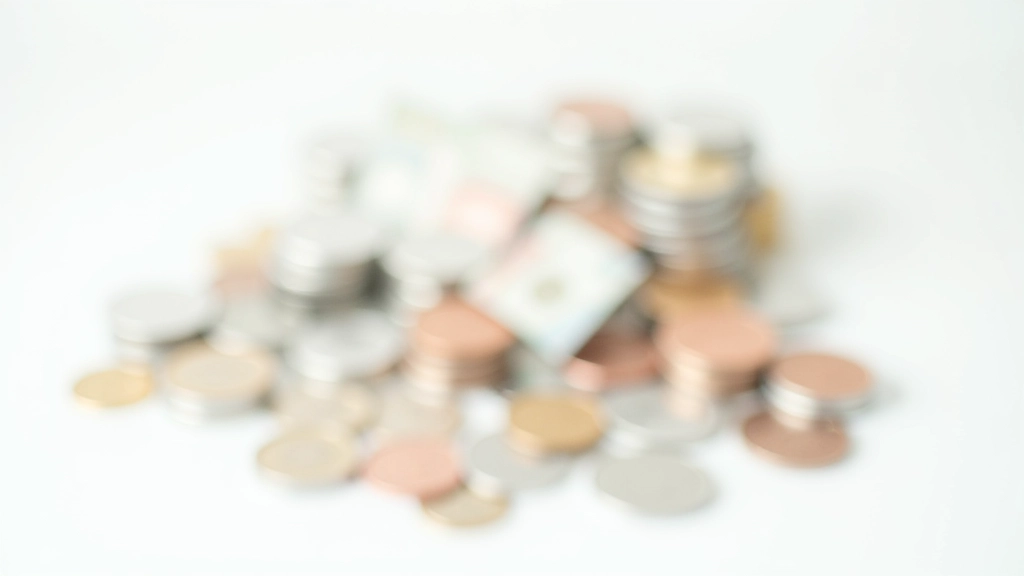 Coins and notes stacked in organized piles on table showing saving progress