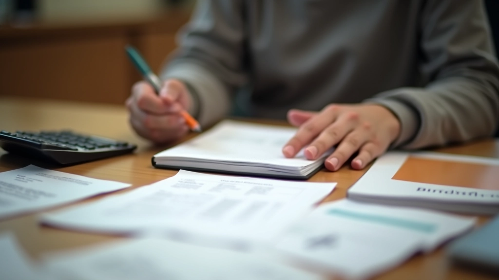 Person writing notes in expense journal with calculator and financial documents spread on table