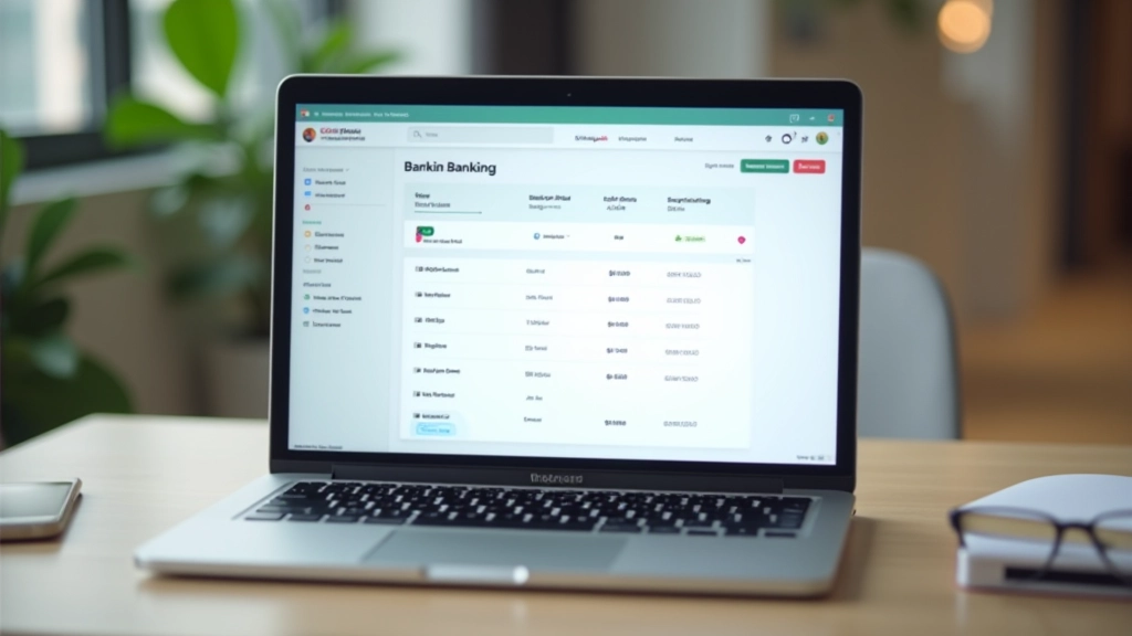Laptop screen displaying online banking dashboard with transaction history and spending categories highlighted