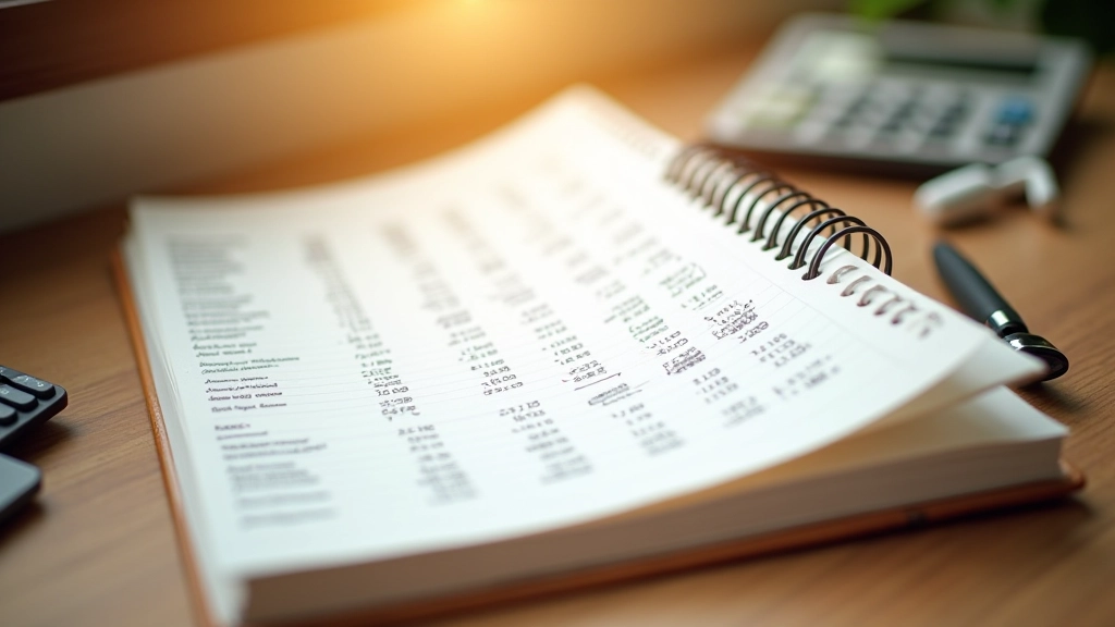 Budget planner notebook with pen and calculator on wooden desk, morning light