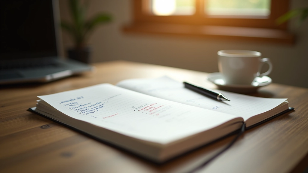 Open notebook with handwritten budget plan and financial goals with coffee and pen on desk