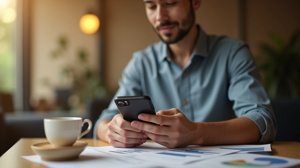 Person reviewing budget on phone with coffee cup on table, checking finances on mobile device