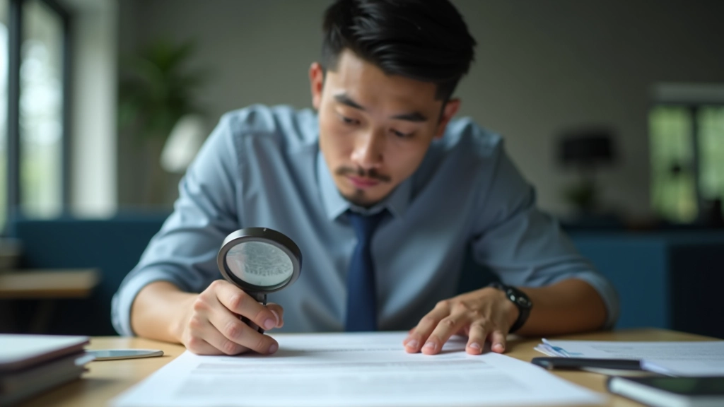 Person examining bank statement with magnifying glass at wooden desk, highlighting transaction details