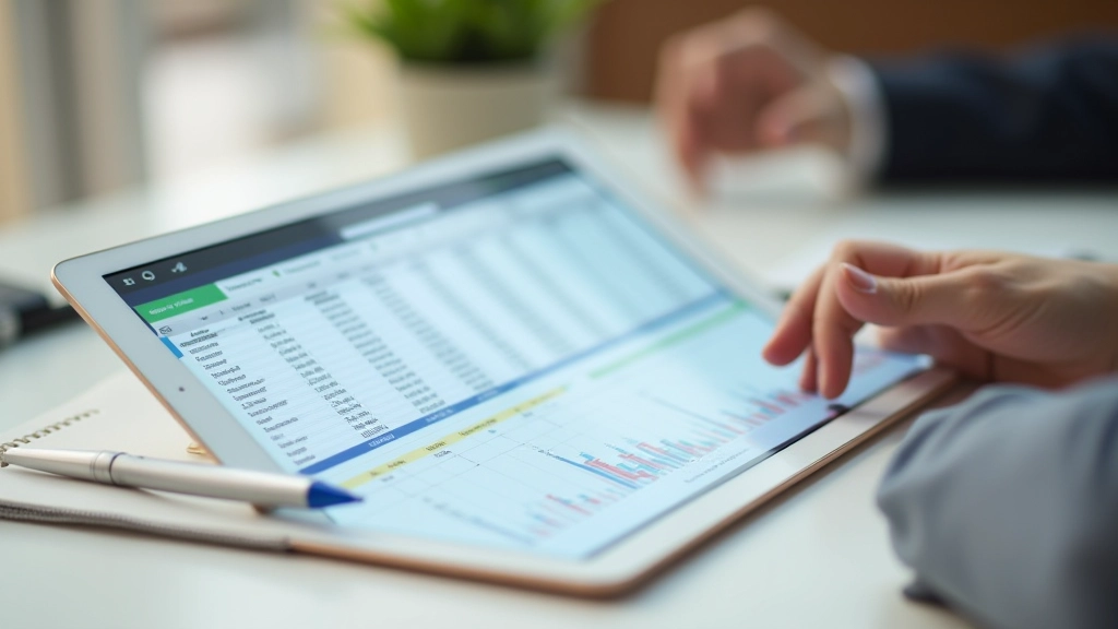 Tablet displaying spreadsheet with expense tracking and savings calculation with pen nearby