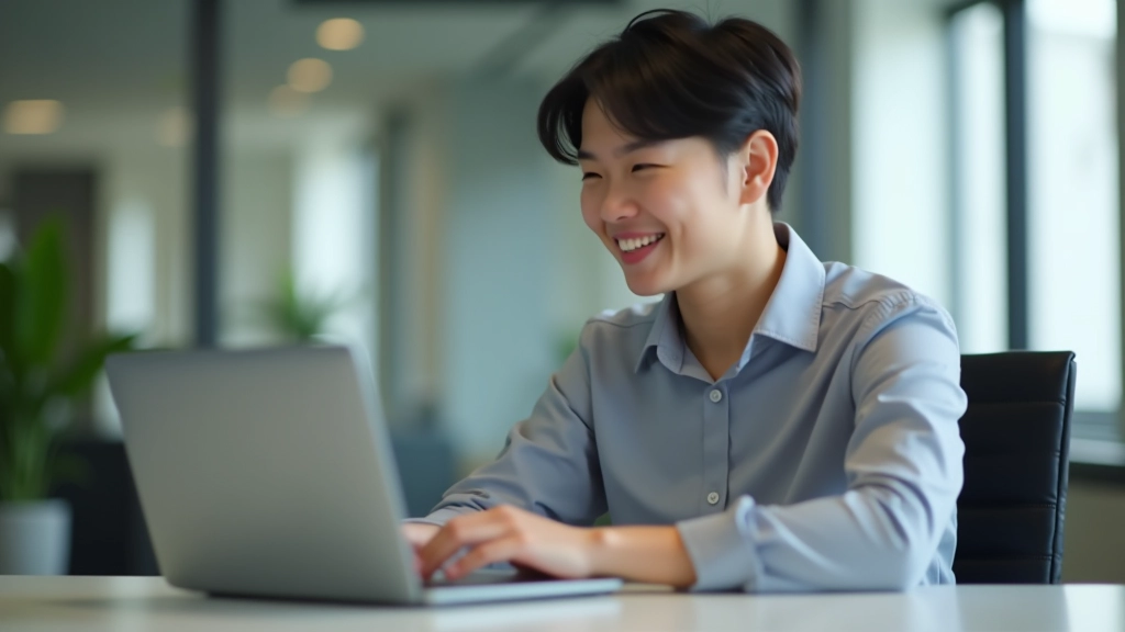 Person smiling at laptop while reviewing financial dashboard and budget progress