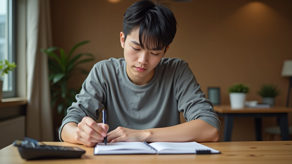 Young adult writing financial goals in notebook at home office desk with calculator nearby
