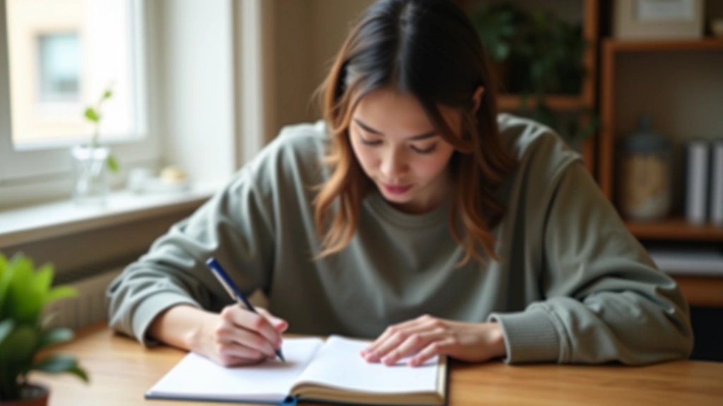 Young adult writing in budget journal at home desk, natural lighting, focused on notebook
